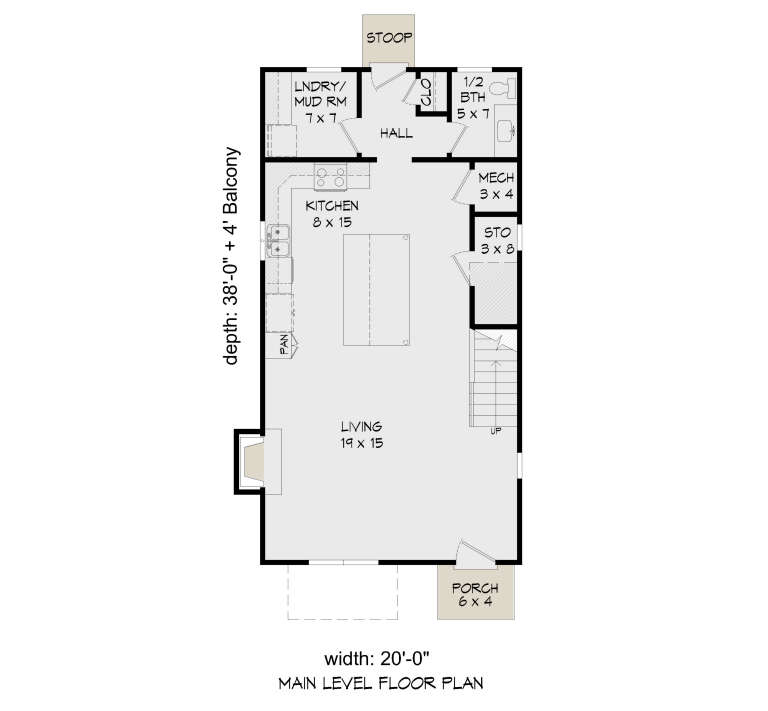 Main level floor plan drawing with living room, kitchen, 1/2 bath, Ldry/mud room, fireplace, stairs, stoop, and porch. House Plan # 940-01492
