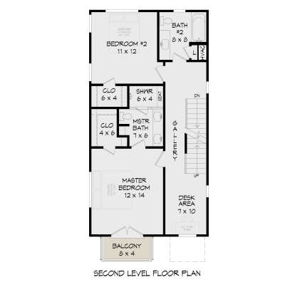 Second-level floor plan drawing with 2BR, 2BA, gallery, desk area, 2 closets, stairs, and balcony. House Plan # 940-01492