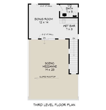 Third-floor plan drawing with bonus room, 1/2 bath, wet bar, scenic mezzanine, sloped rooftop, and stairs. House Plan # 940-01492