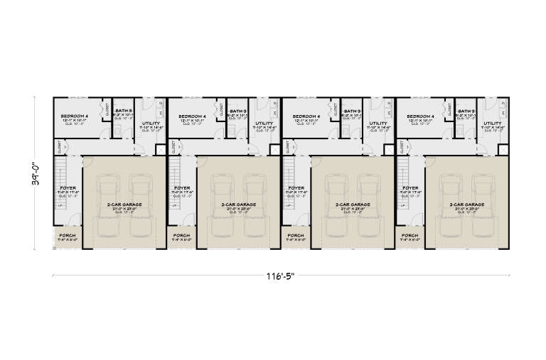 First-floor plan drawing with 4 units, each featuring 1BR, 1BA, utility, foyer, 2-car garage, porch, and stairs. House Plan # 4100-00060