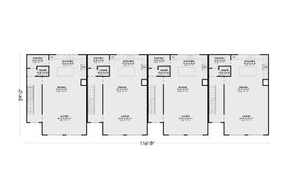 Main floor plan drawing with 4 identical townhome units, each featuring living, dining, kitchen, pantry, PWDR, and stairs. House Plan # 4100-00060