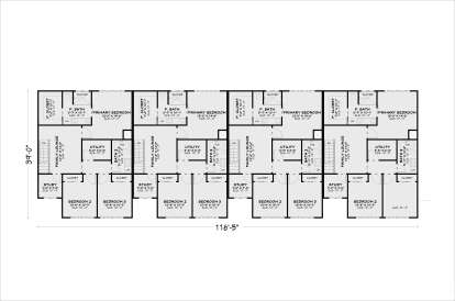 Floor plan drawing with 4 units, each featuring 3BR, 2BA, family lounge, study, utility room, and 10' ceilings. House Plan # 4100-00060