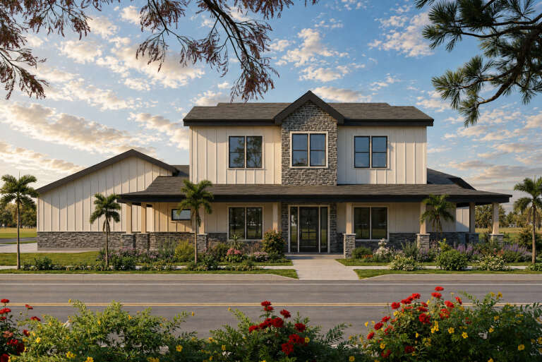 Front view of a white Modern Farmhouse, stone accents, board-and-batten siding, covered porch, and palm tree landscaping. House Plan # 4100-00061