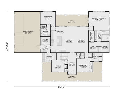 Main floor plan drawing with 3BR, 2.5BA, office, 3-car garage, vaulted living/dining, pantry, mudroom, Ldry, and 2 porches. House Plan # 4100-00061
