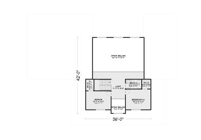 Second-floor plan drawing with 1BR, 1BA, loft, bonus room, WIC, stairs, and open-to-below areas. House Plan # 4100-00061