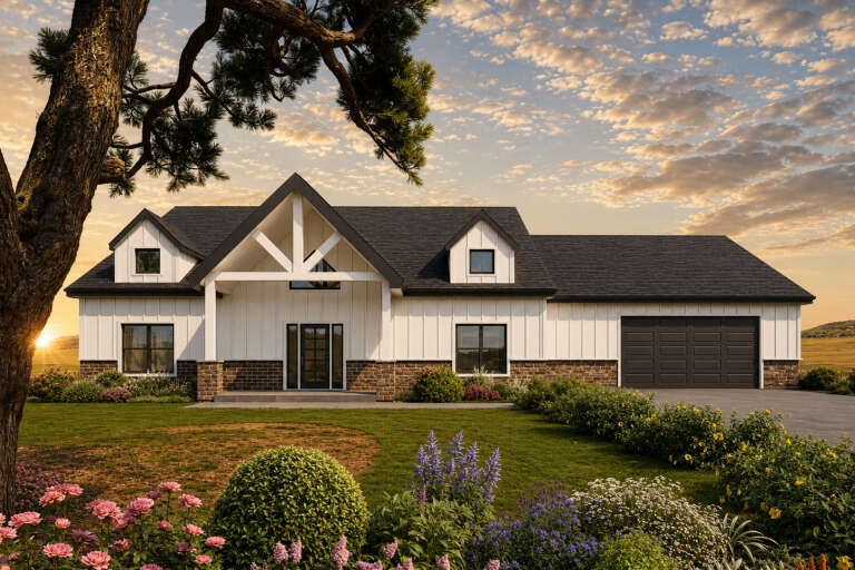 Front view of a white house in Modern Farmhouse style, board-and-batten siding, stone base, gabled roof, and dormers. House Plan # 4100-00062