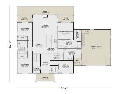 Main floor plan drawing with 3BR, 2.5BA, vaulted living, kitchen, office, pantry, Ldry, 2-car garage, porch, patios, deck. House Plan # 4100-00062