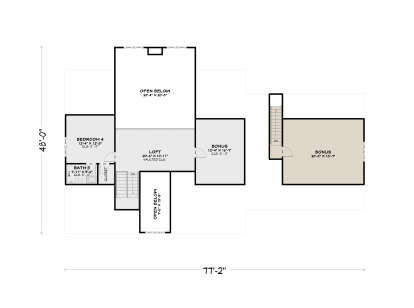 Second-floor plan drawing with 1BR, 1BA, loft with vaulted ceiling, 2 bonus rooms, stairs, and open-to-below areas. House Plan # 4100-00062
