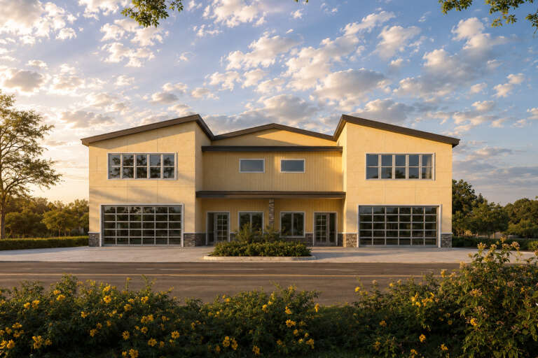 Front view of a yellow Modern house, dual glass garage doors, stone accents, shed rooflines, and large windows. House Plan # 4100-00063