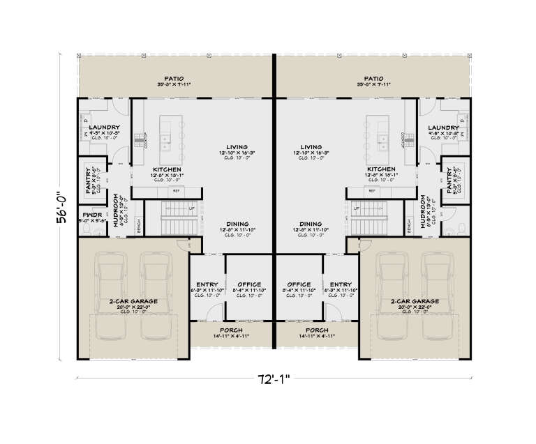 Main floor plan drawing with 2 units, each having office, kitchen, living, dining, pantry, Ldry, PWDR, 2-car garage, patio. House Plan # 4100-00063