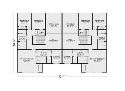Second floor plan drawing with 6BR, 4BA, 2 lofts, 2 study nooks, WICs, closets, stairs, and open-to-below areas. House Plan # 4100-00063