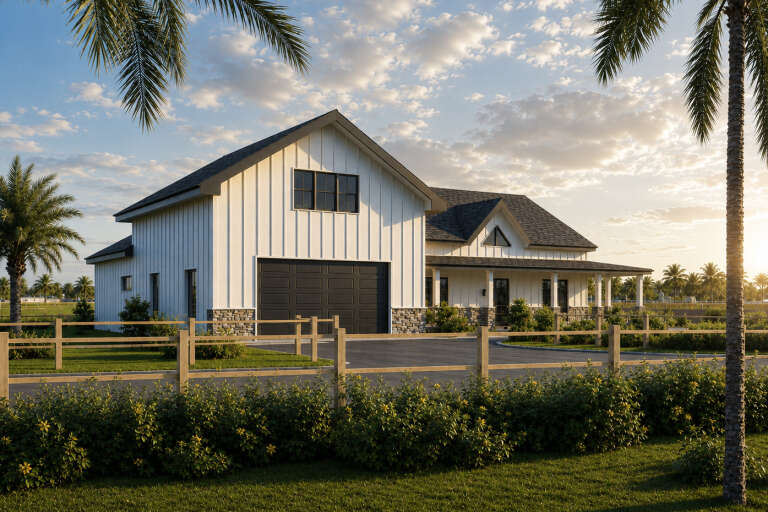 Angled front view of a white house in Modern Farmhouse style, board-and-batten siding, stone base, and dark garage door. House Plan # 4100-00064