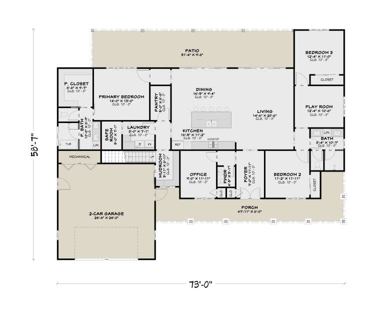 Main floor plan drawing with 3BR, 2.5BA, office, play room, kitchen, living, pantry, Ldry, safe room, 2-car garage, porch. House Plan # 4100-00064