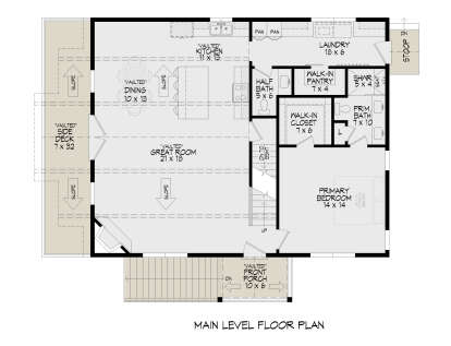 Main level floor plan drawing with 1BR, 1.5BA, vaulted great room/kitchen/dining, WIC, pantry, Ldry, deck, and porch. House Plan # 940-01493
