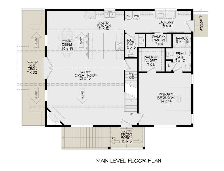 Main level floor plan drawing with 1BR, 1.5BA, vaulted great room/kitchen/dining, WIC, pantry, Ldry, deck, and porch. House Plan # 940-01493