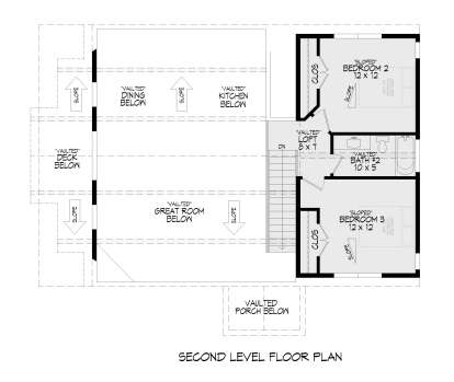 Second-floor plan drawing with 2BR, 1BA, vaulted loft, closets, stairs, and open-to-below areas. House Plan # 940-01493