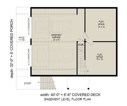 Basement floor plan drawing with 2-car garage, 2 flex spaces, storage, stairs, patio, and stoop. House Plan # 940-01493