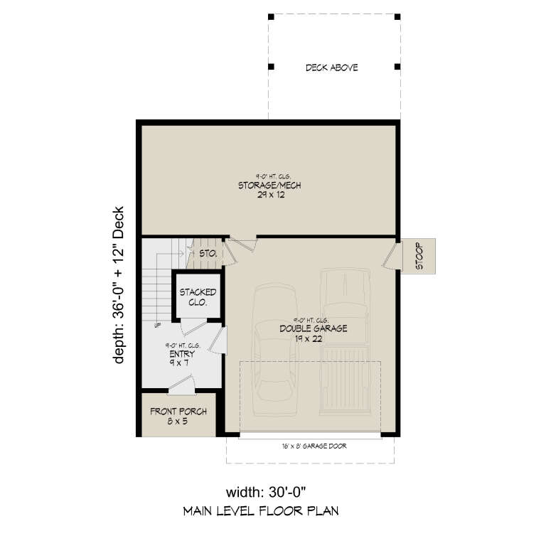 Main-level floor plan drawing with 2-car garage, storage/mech room, entry, stairs, stacked closet, and front porch. House Plan # 940-01494