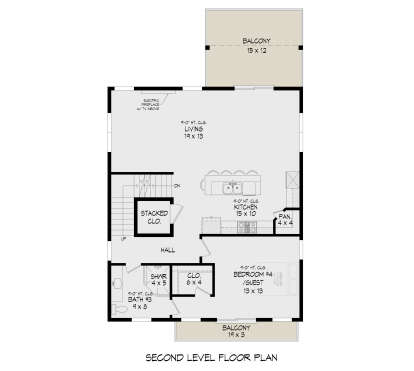 Second-level floor plan drawing with 1BR, 1BA, living room, kitchen, pantry, stacked closet, stairs, and two balconies. House Plan # 940-01494