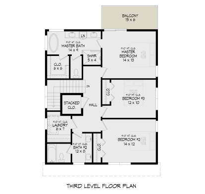 Third-floor plan drawing with 3BR, 2BA, balcony, Ldry, closets, stairs, and 9-ft ceilings. House Plan # 940-01494