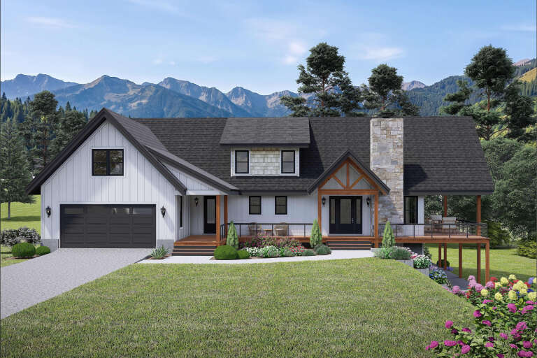 Front view of a white Craftsman house, board-and-batten siding, stone chimney, covered porch, and mountain backdrop. House Plan # 940-01495