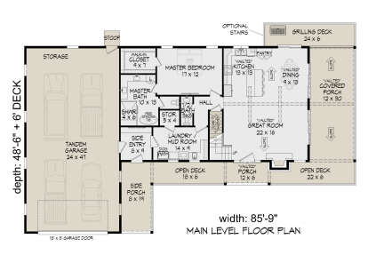 Main level floor plan drawing with 1BR, 1.5BA, vaulted great room/kitchen/dining, tandem garage, decks, and porches. House Plan # 940-01495
