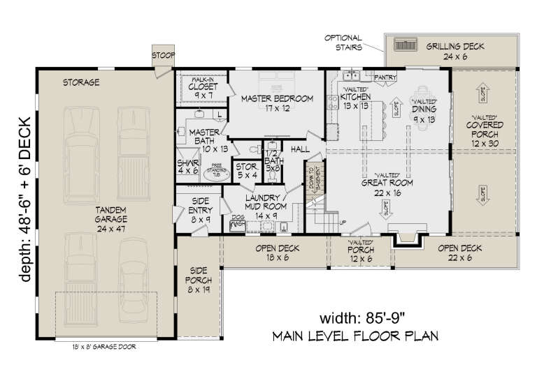 Main level floor plan drawing with 1BR, 1.5BA, vaulted great room/kitchen/dining, tandem garage, decks, and porches. House Plan # 940-01495