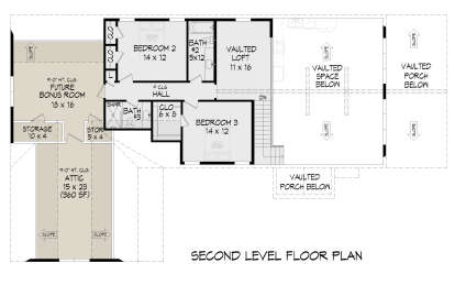 Second-level floor plan drawing with 2BR, 2BA, vaulted loft, future bonus room, attic, storage, and open-to-below area. House Plan # 940-01495