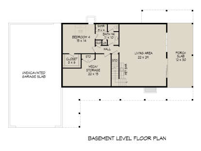 Basement floor plan drawing with 1BR, 1BA, living area, wet bar, mech/storage, closets, stairs, and porch slab. House Plan # 940-01495