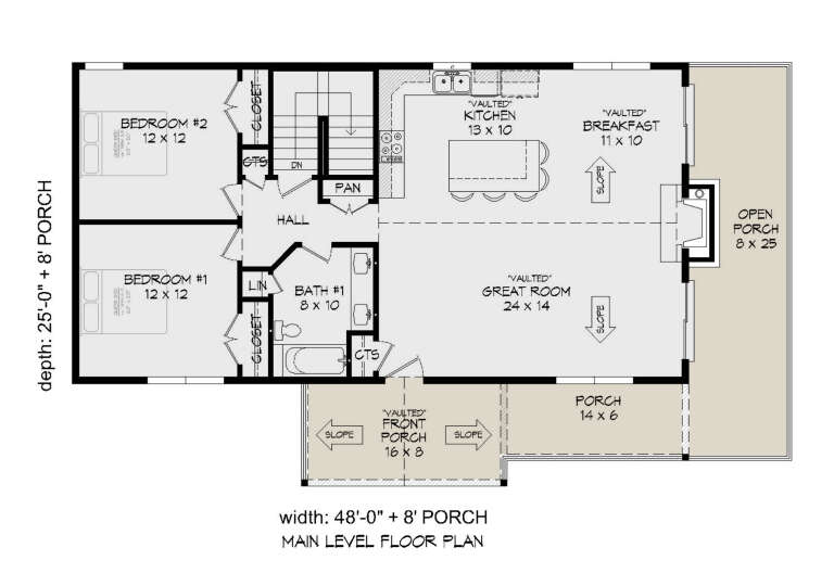 Main floor plan drawing with 2BR, 1BA, vaulted kitchen, brkfst, great room, fireplace, stairs, and multiple porches. House Plan # 940-01496