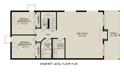 Basement floor plan drawing with 2 optional BR, 1 BA, rec room, utility room, storage, stairs, and porch. House Plan # 940-01496