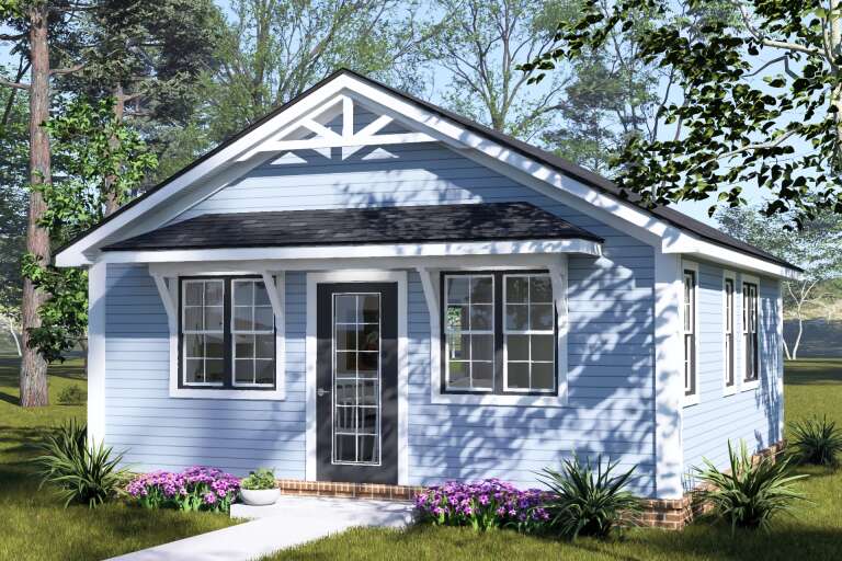 Angled front view of a blue house in Cottage style, gabled roof, decorative truss, black trim, and front entry porch. House Plan # 4848-00650