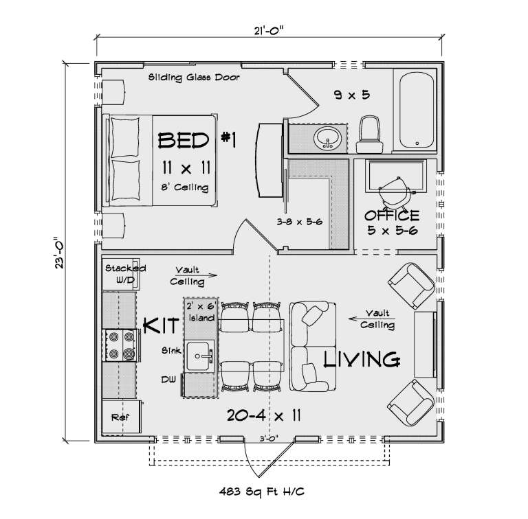 Floor plan drawing with 1BR, 1BA, office, open kitchen/living, vaulted ceilings, laundry, and sliding glass door. House Plan # 4848-00650