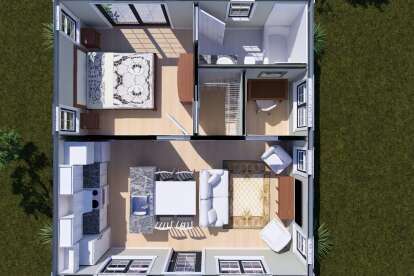 Main floor plan drawing with 1BR, 1BA, open kitchen, living area, WIC, and office nook. House Plan # 4848-00650