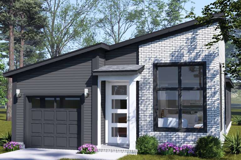 Angled front view of a white and charcoal Modern house, brick and horizontal siding, shed roof, and glass-paneled door. House Plan # 4848-00652