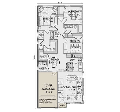 Main floor plan drawing with 3BR, 2BA, kitchen, dining, living room, study alcove, pantry, Ldry, 1-car garage, and porch. House Plan # 4848-00652