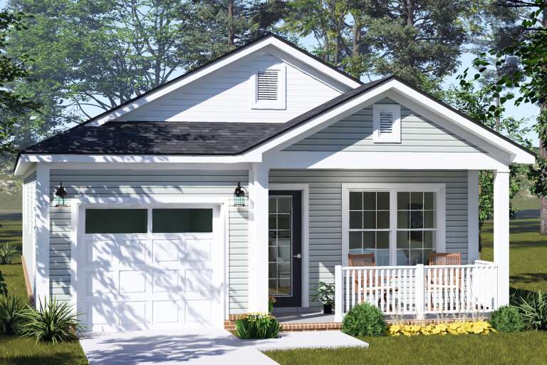 Front view of a light blue house in Cottage style, gabled roof, white trim, covered porch, and single-car garage. House Plan # 4848-00653