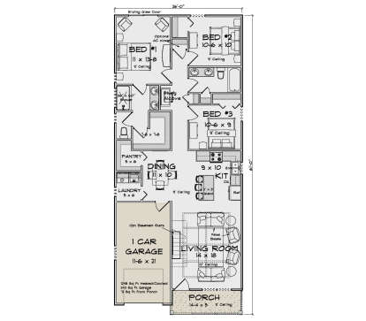 Main floor plan drawing with 3BR, 2BA, kitchen, dining, living room, study alcove, Ldry, pantry, 1-car garage, and porch. House Plan # 4848-00653