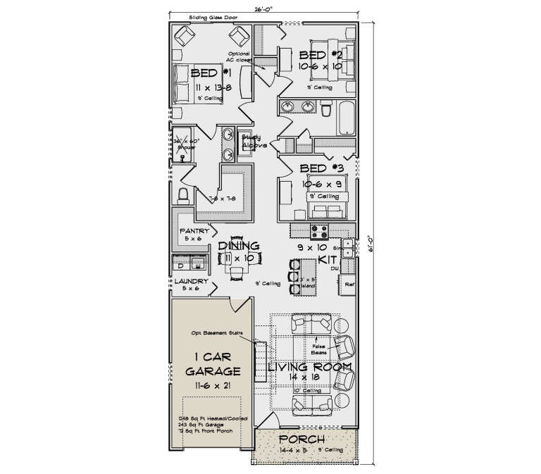 Main floor plan drawing with 3BR, 2BA, kitchen, dining, living room, study alcove, Ldry, pantry, 1-car garage, and porch. House Plan # 4848-00653