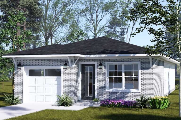 Angled front view of a grey brick Cottage house, hip roof, white garage door, glass-paneled door, and bracketed eaves. House Plan # 4848-00654