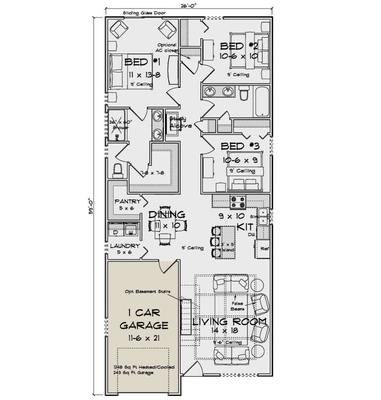 Main floor plan drawing with 3BR, 2BA, kitchen, dining, living room, study alcove, pantry, Ldry, 1-car garage, 9' ceilings. House Plan # 4848-00654