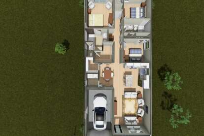 Main floor plan drawing with 3BR, 2BA, open kitchen, living room, dining area, WIC, laundry, and 1-car garage. House Plan # 4848-00654