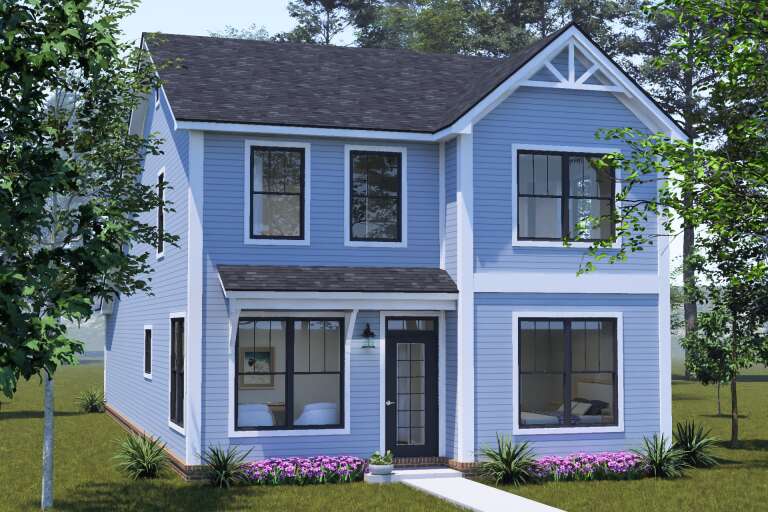 Angled front view of a blue house in Traditional style, lap siding, black windows, gabled roof, and front porch. House Plan # 4848-00655