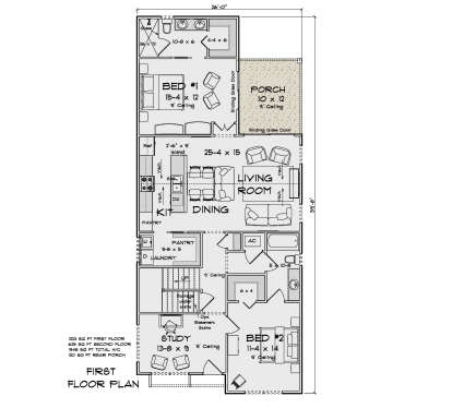 First-floor plan drawing with 2BR, 2BA, study, open kitchen/living, pantry, Ldry, stairs, storage, and vaulted porch. House Plan # 4848-00655