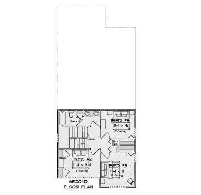 Second floor plan drawing with 3BR, 1BA, stack Ldry, stairs, and 8' ceilings. House Plan # 4848-00655