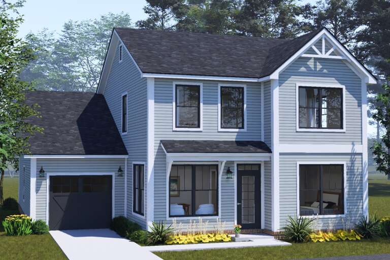 Angled front view of a blue Traditional house, gray roof, black trim, attached garage, and landscaped front entry. House Plan # 4848-00656