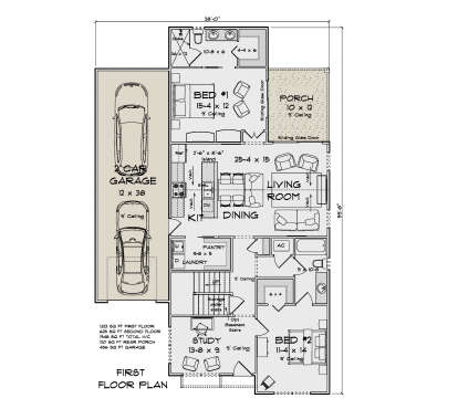 First-floor plan drawing with 2BR, 2BA, vaulted living/kitchen, study, pantry, Ldry, 2-car garage, and rear porch. House Plan # 4848-00656
