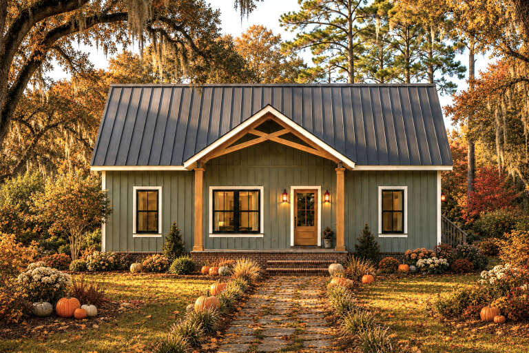 Front view of a green house in Modern Farmhouse style, metal roof, wood porch posts, and fall-themed landscaping. House Plan # 1776-00193