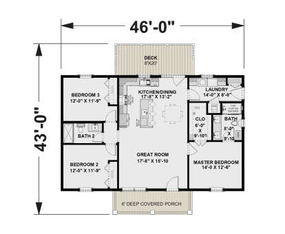 Main floor plan drawing with 3BR, 2BA, great room, kitchen/dining, Ldry, WIC, covered porch, and rear deck. House Plan # 1776-00193