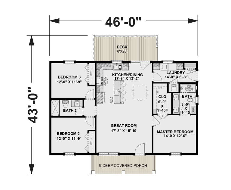 Main floor plan drawing with 3BR, 2BA, great room, kitchen/dining, Ldry, WIC, covered porch, and rear deck. House Plan # 1776-00193